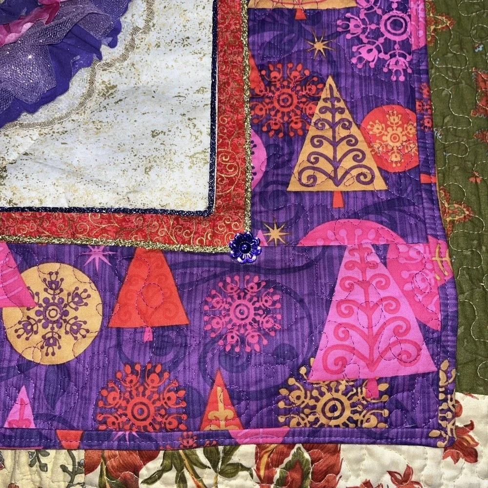 Christmas Quilted wall hanging,‎  27 x 28, pinks , purples ,lace, tulle, trees